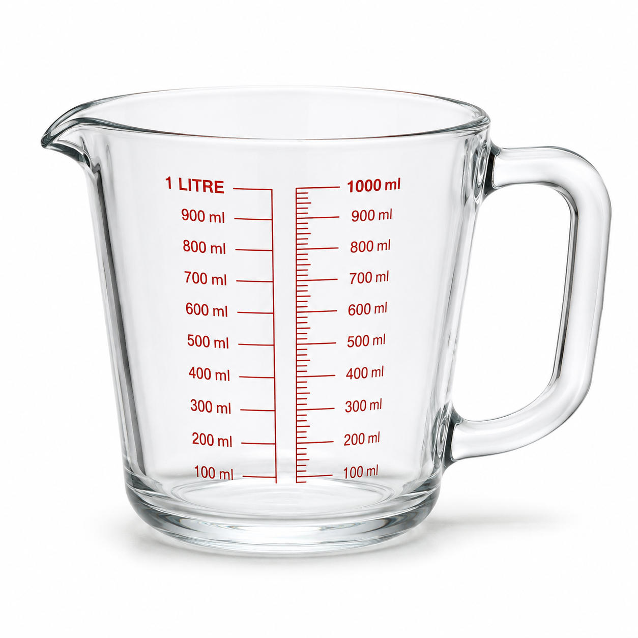 Verre doseur en borosilicate avec graduations rouges 1 L