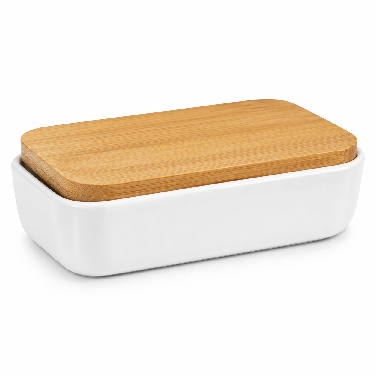Beurrier en porcelaine blanche avec couvercle bambou 16 cm